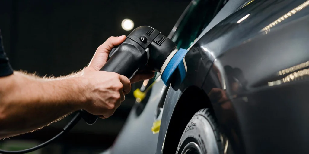 Detailer polishing car surface with a machine polisher