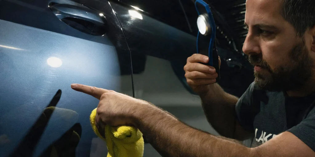 Detailer using a light to reveal fine scratches on a vehicle surface.