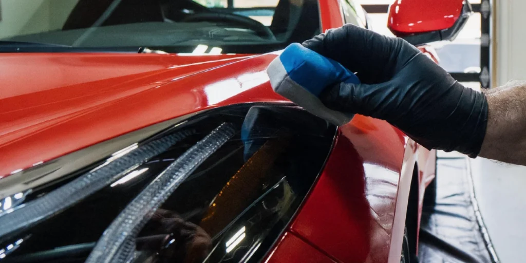Detailer applying ceramic coating to a red vehicle.