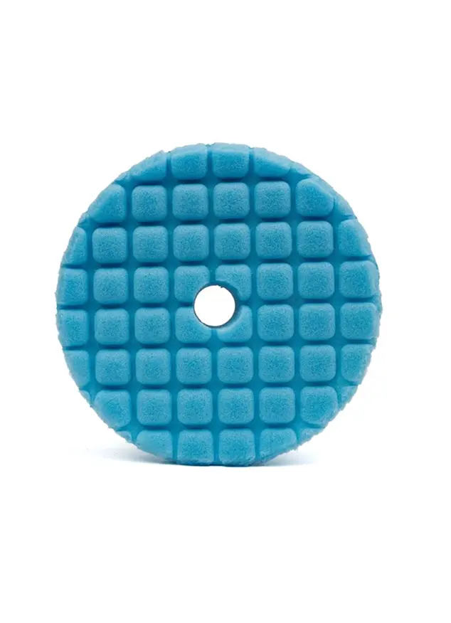 Blue ARC finishing foam pad with a precision cutaway profile for final refinement across curved and contoured surfaces